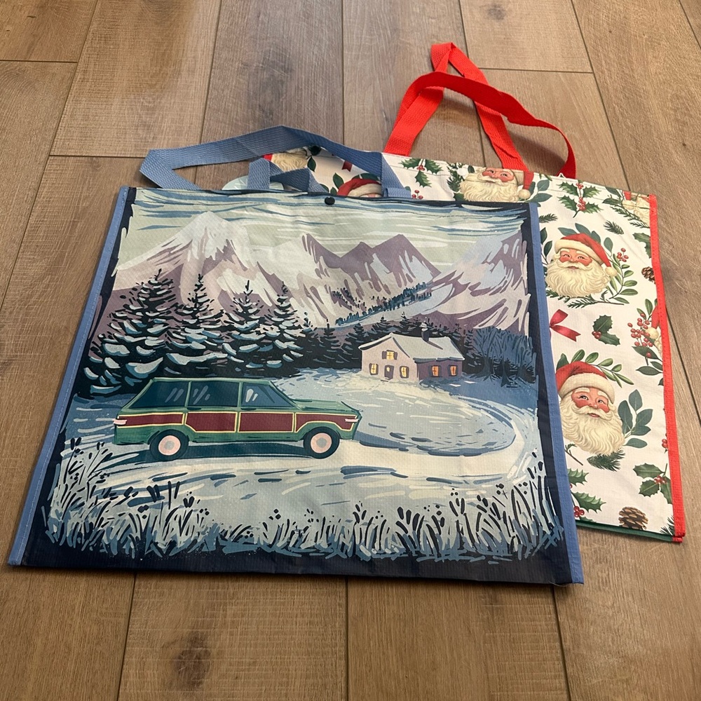 Homegoods TJMaxx Marshalls Winter Car Scene & Santa Print Tote Bags Set of 2 NWT